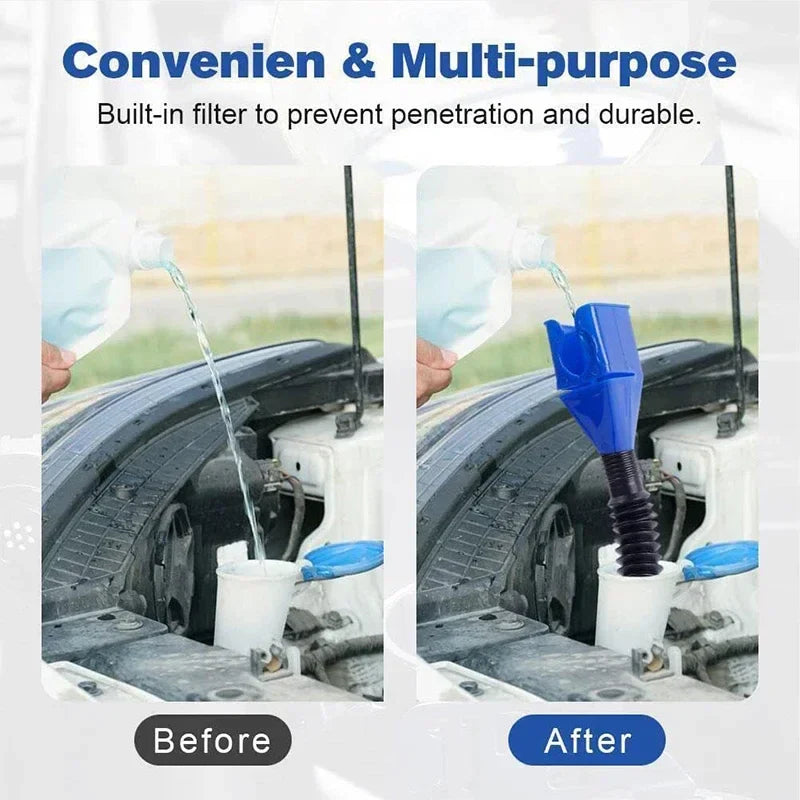 Foldable car and motorcycle refueling funnel set by Eliteridegear, plastic engine oil and gasoline funnel for auto refueling tools.