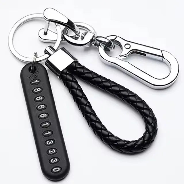 Eliteridegear DIY mobile phone number plate pendant keychain with woven leather rope for men, punk style, anti-lost car key accessory