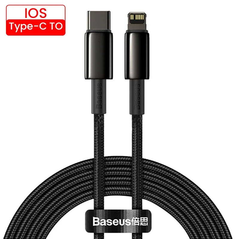 Baseus 20W PD USB-C to Lightning fast charging cable for iPhone and iPad, shown with connector ends on a white background.