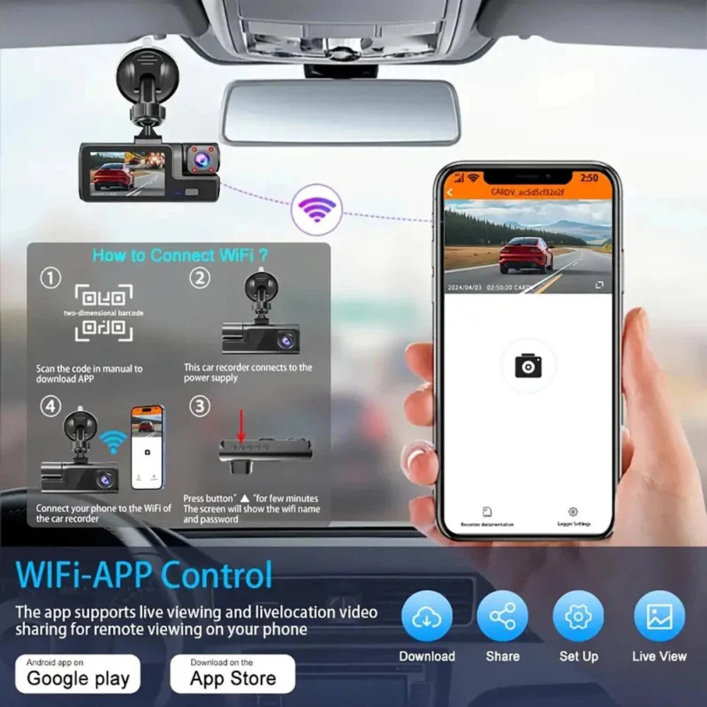 Eliteridegear 3-lens car recorder with night vision, 1080P video, WiFi, front and rear cameras, and memory card for vehicle security