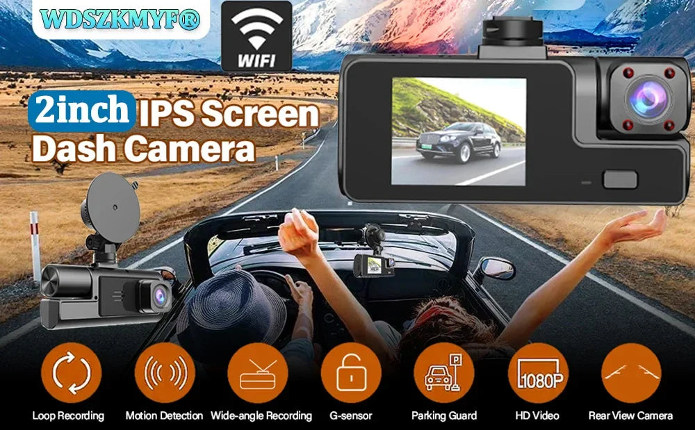 Eliteridegear 3 lens car recorder with front and rear cameras, 1080P night vision, WiFi, and memory card slot for vehicle security.