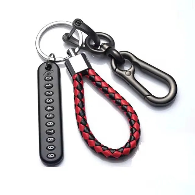 Eliteridegear DIY mobile phone number plate pendant keychain with woven leather rope, punk style, anti-lost car key chain accessory