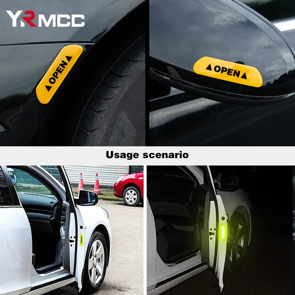 Set of four reflective car door stickers from Eliteridegear, featuring safety warning tape for exterior and interior vehicle use.
