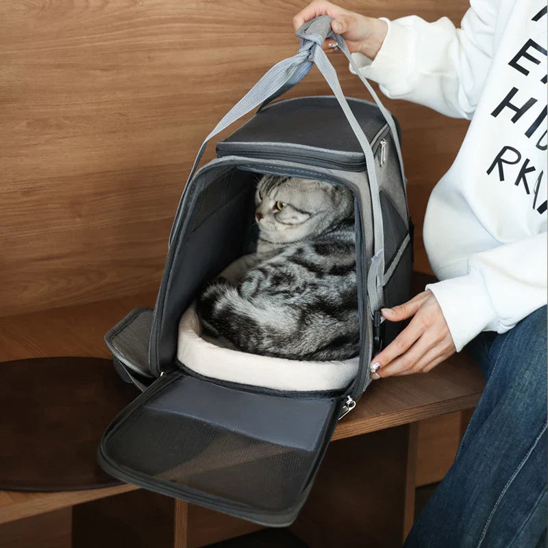 Soft mesh foldable pet carrier bag for cats and small dogs by Adistore, showing the breathable mesh material and compact design.