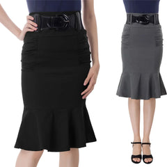 Belle Poque Pencil Skirt Women High Waist Belt Officewear