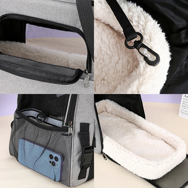 Foldable pet carrier bag by Adistore with soft mesh sides, ideal for traveling with cats and small dogs.