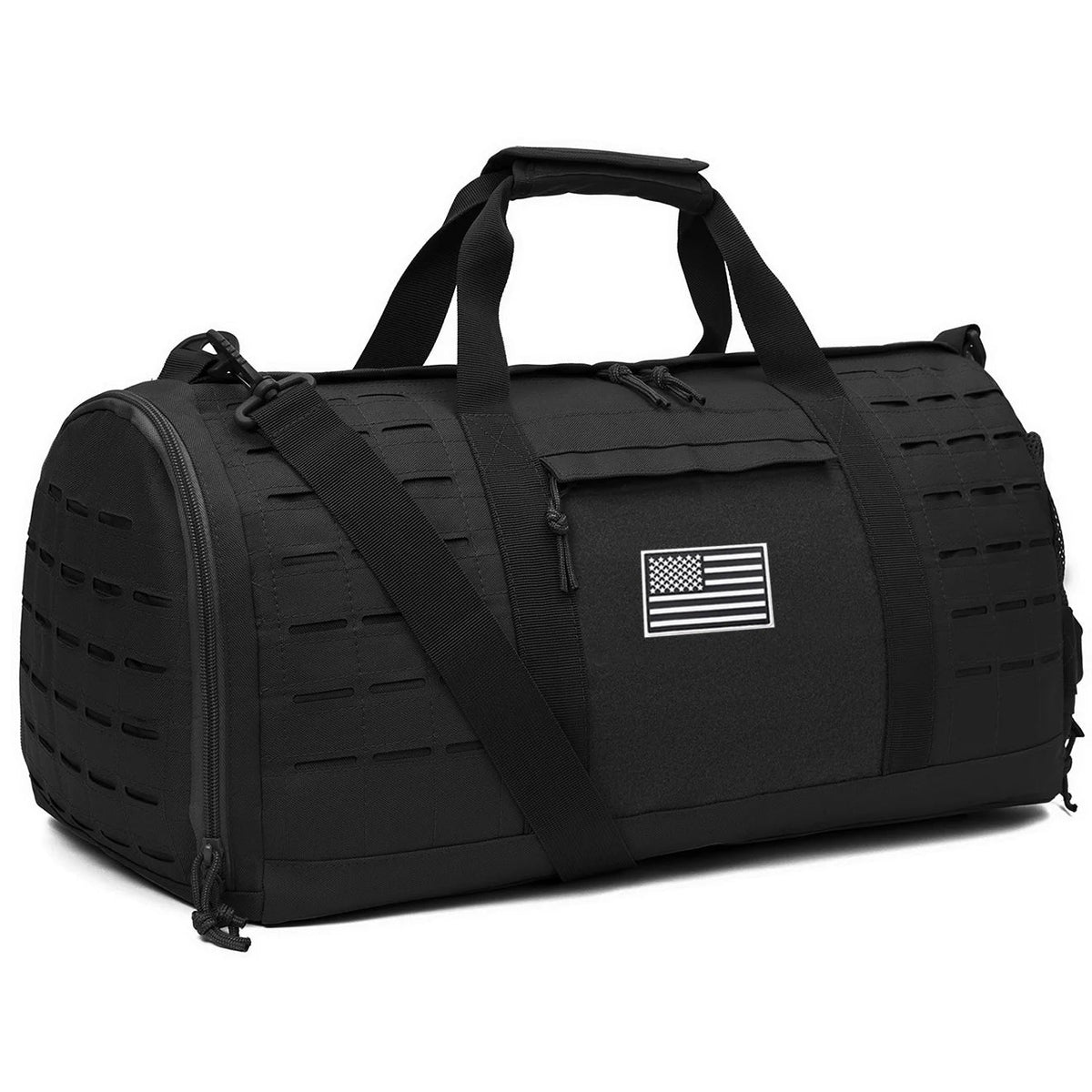 Eliteridegear QT&QY 40L sport gym duffel bag with multiple compartments, black tactical design, suitable for travel, fitness, and sports.