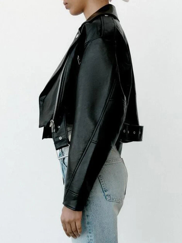 Ailegogo women's faux PU leather short jacket with belt, zipper lapel, motorcycle style, suitable for spring and autumn outfits.