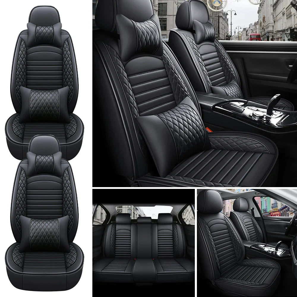 Eliteridegear 5-seats PU leather car seat covers set with front and rear cushions, universal fit for full vehicle protection.