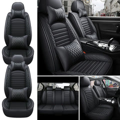 Eliteridegear 5-seats PU leather car seat covers set with front and rear cushions, universal fit for full vehicle protection.