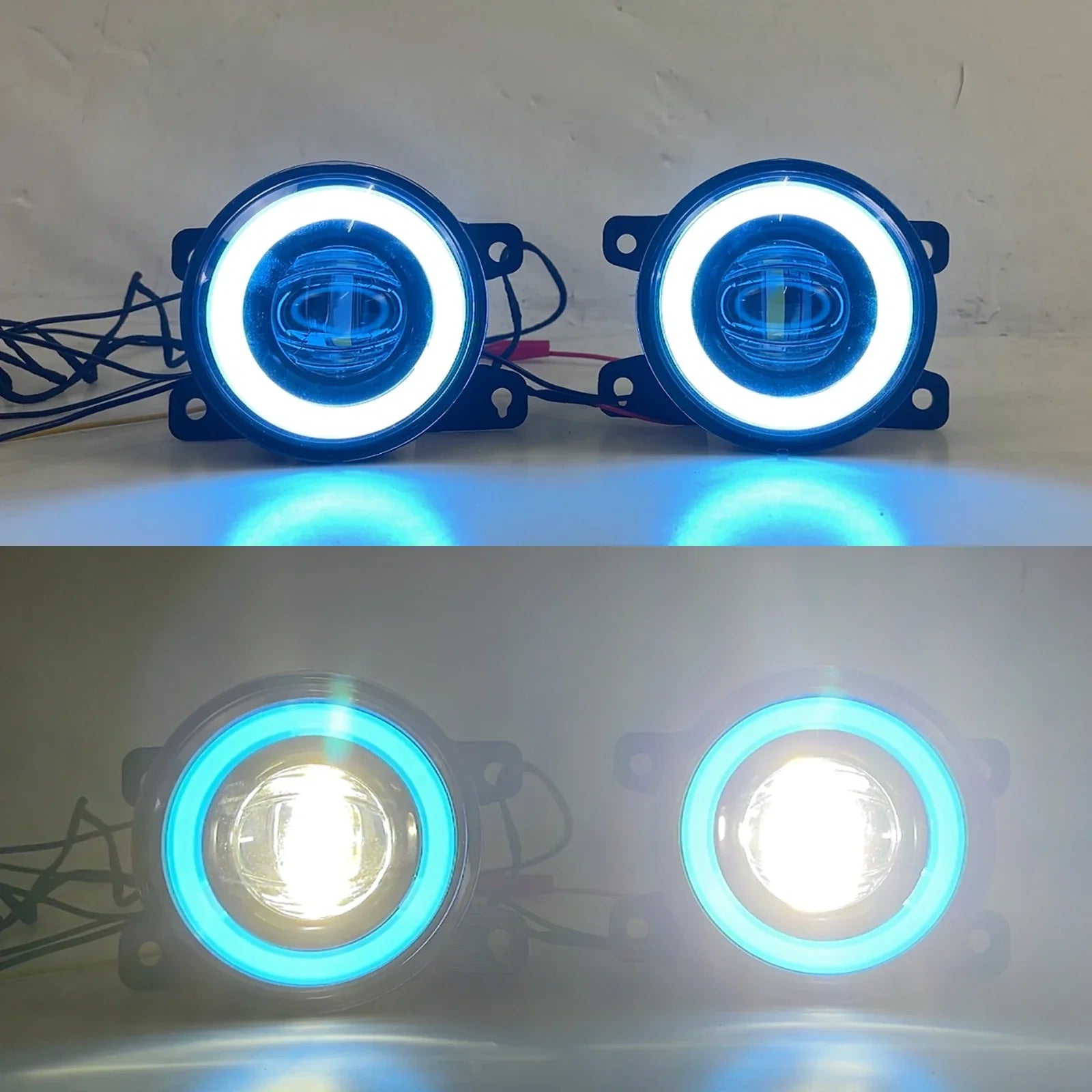 Eliteridegear Car Parts Angel Eye Fog Lights with LED bulbs, featuring dynamic daytime running lights on a vehicle.