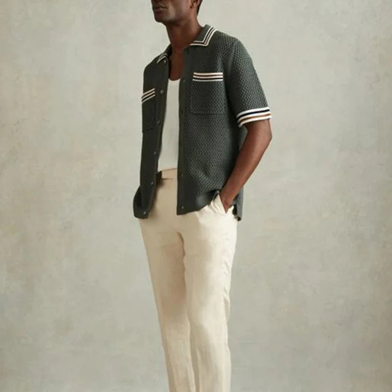 Casual hollow-out knitted men's vintage shirt with pockets from Adistore, featuring a relaxed fit and textured knit design.
