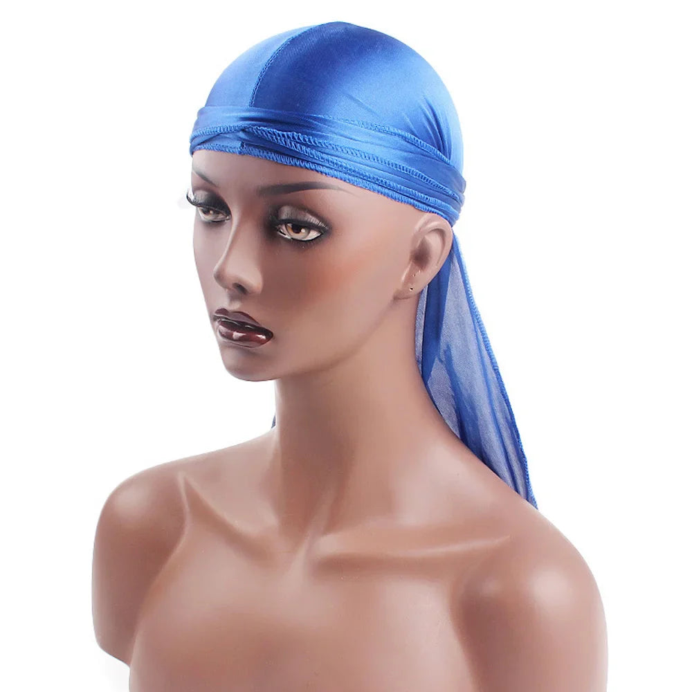 Unisex satin long tail doo rag durag with pirate style, ideal for men and women, featuring a hip hop and biker headwrap design.