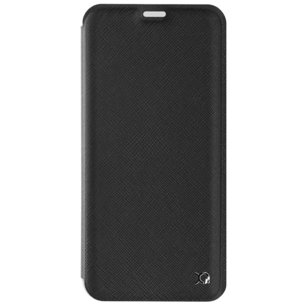 Samsung Galaxy S9 XQISIT Book Flip Case with brown leather finish, open to show interior card slots and secure flip cover.
