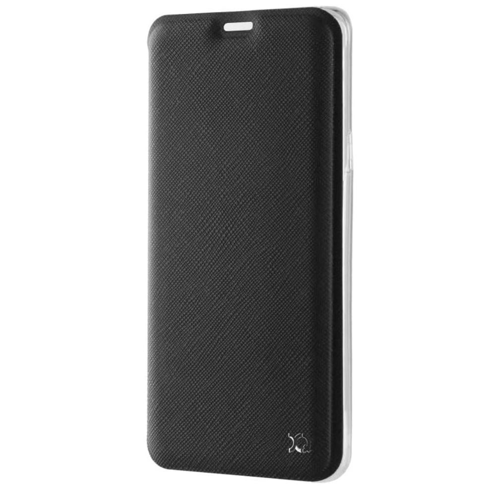 Samsung Galaxy S9 XQISIT Book Flip Case in black with card slots and magnetic closure, designed for stylish protection.