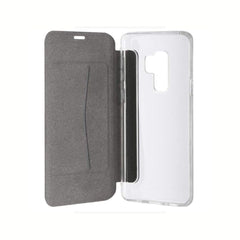 Samsung Galaxy S9 XQISIT Book Flip Case with wallet compartments, black synthetic leather, and card slots for phone protection.