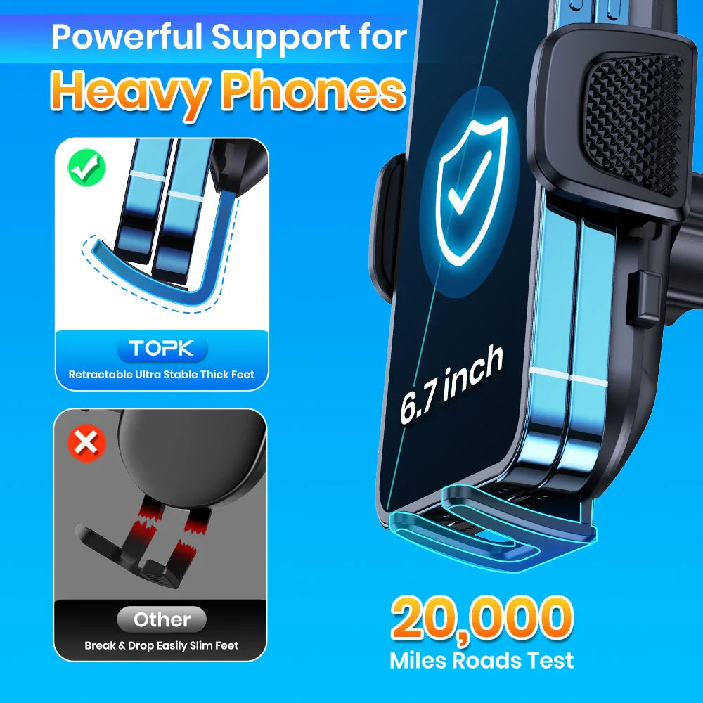 Eliteridegear TOPK Car Phone Holder Stand with gravity dashboard mount showing secure grip on smartphone in car interior