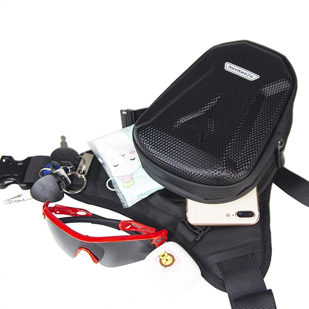 Eliteridegear motorcycle drop waist leg bag with EVA hard shell, side pocket, and adjustable strap for outdoor casual riding.
