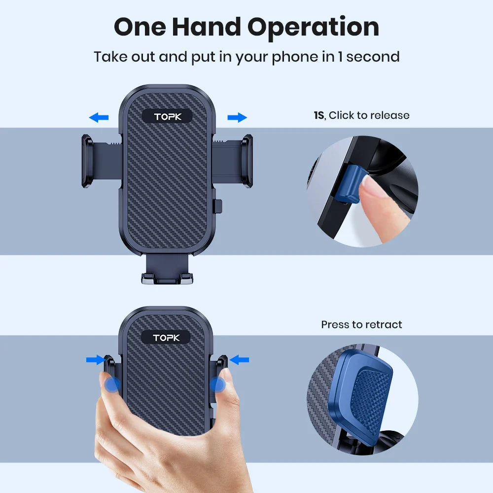 Eliteridegear TOPK car phone holder stand with gravity dashboard mount, shown attached to a vehicle dashboard holding a smartphone.