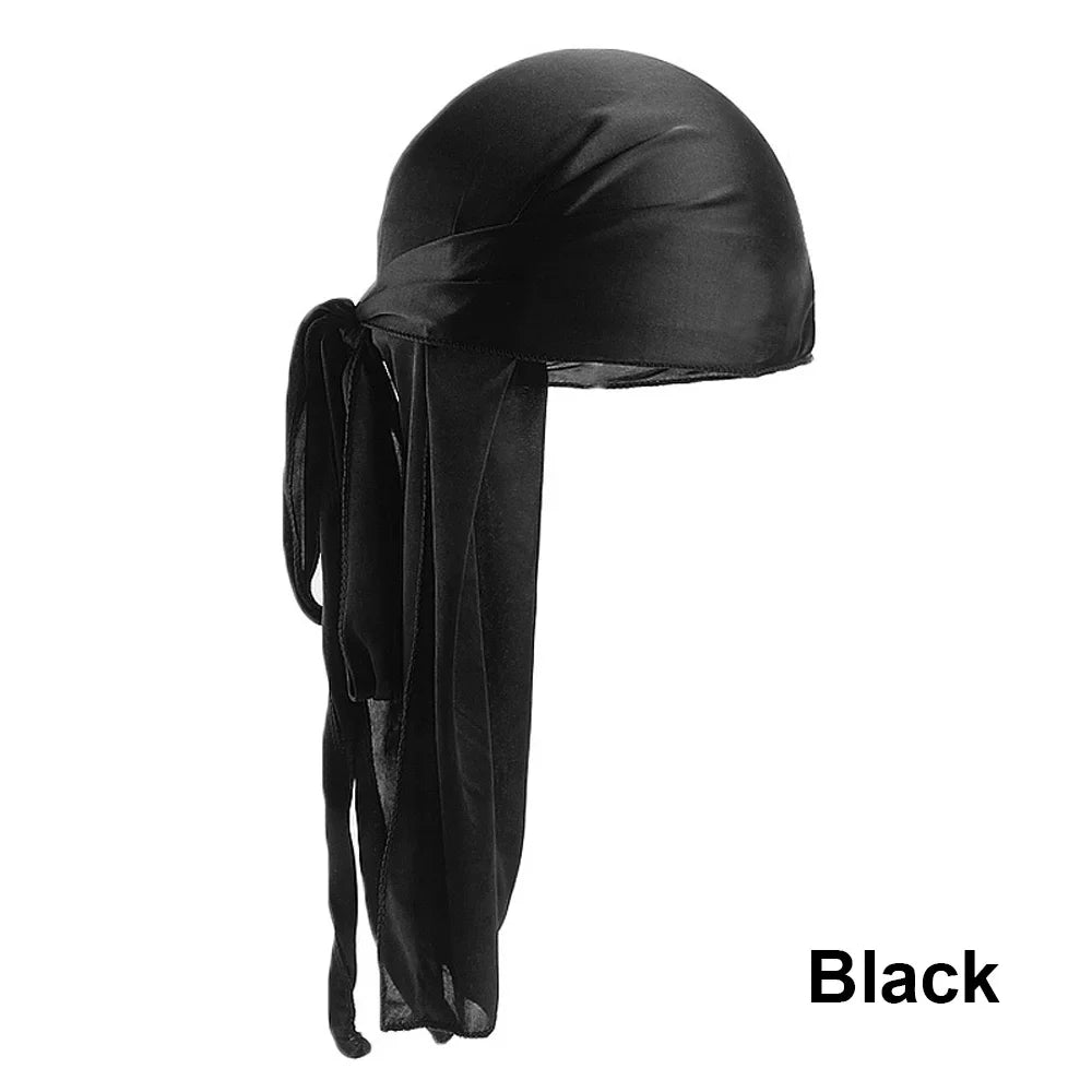 Unisex satin long tail doo rag durag with pirate hat style, worn as headband or headwrap, in black for men and women.