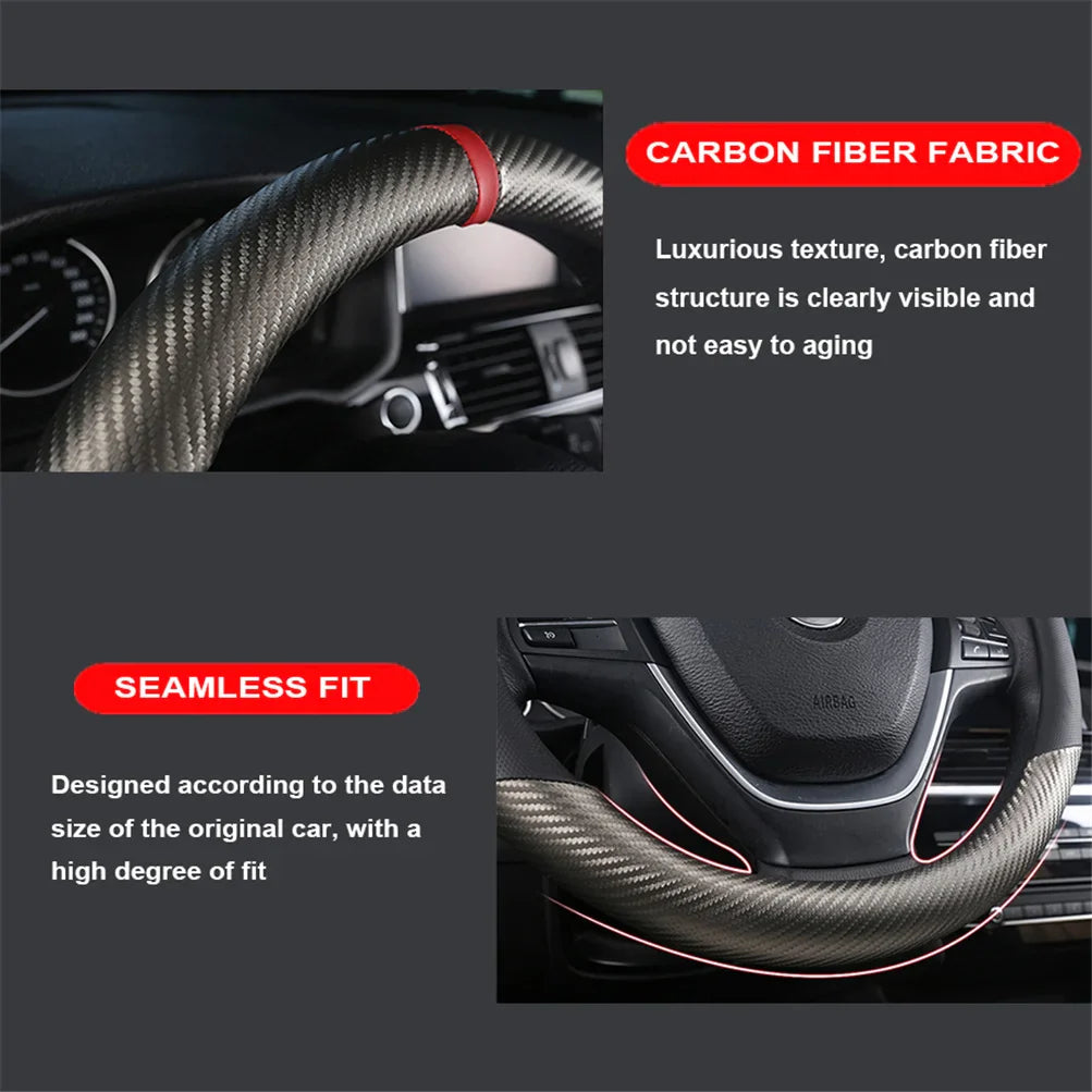 Eliteridegear carbon fiber leather steering wheel cover with breathable, non-slip interior for enhanced grip and style.