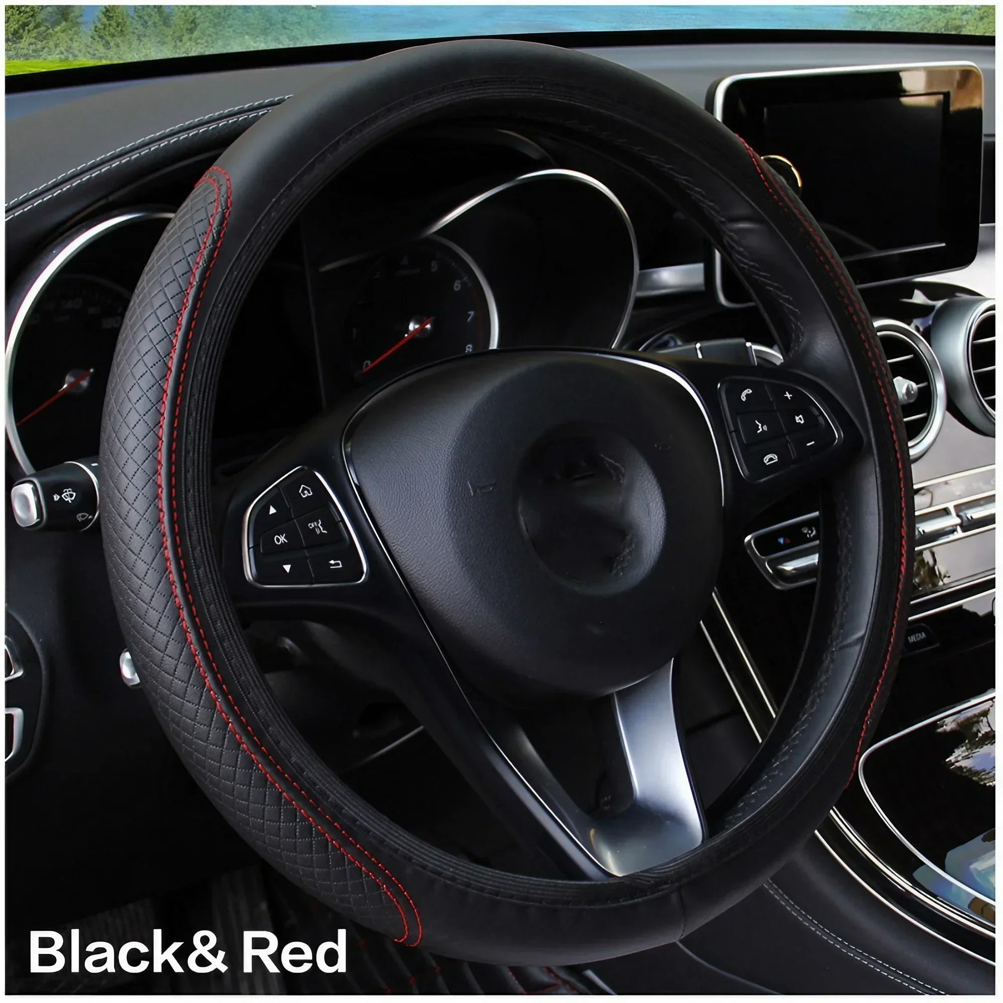 Eliteridegear breathable PU leather universal car steering wheel cover with anti-slip grip, interior decoration accessory.