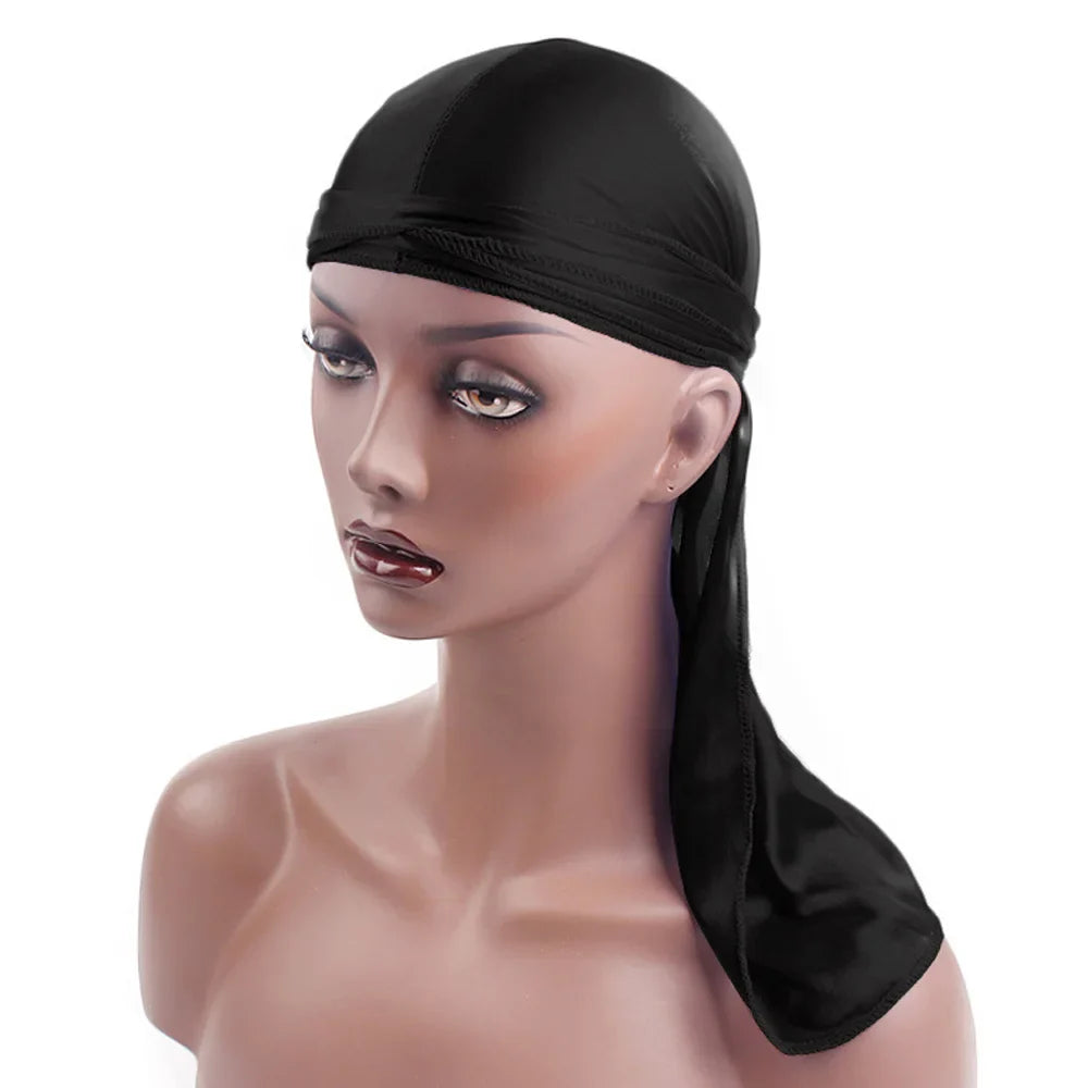 Unisex satin long tail doo rag durag with pirate hat style, worn as headband or turban, by Eliteridegear, for men and women.