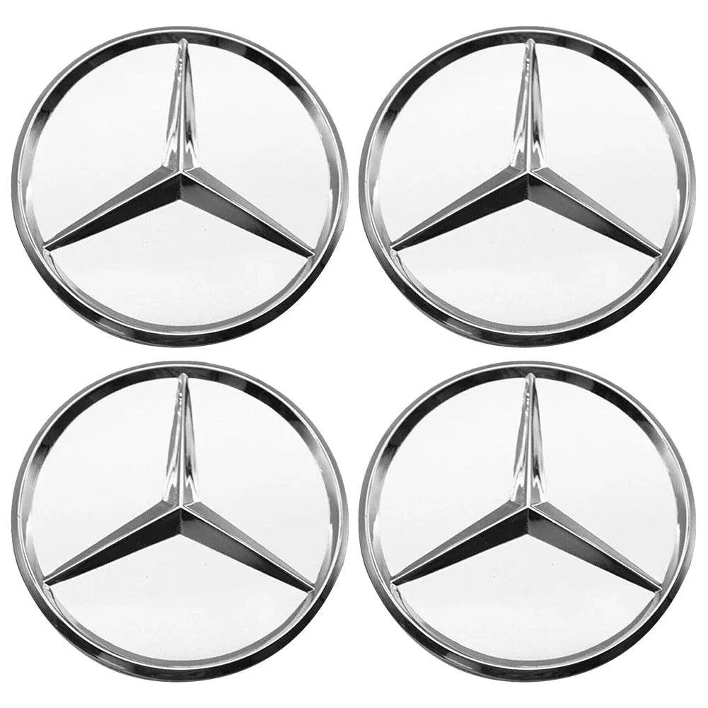 Set of four or eight silver 75mm car wheel center caps with emblem for Benz rims, compatible with all models.