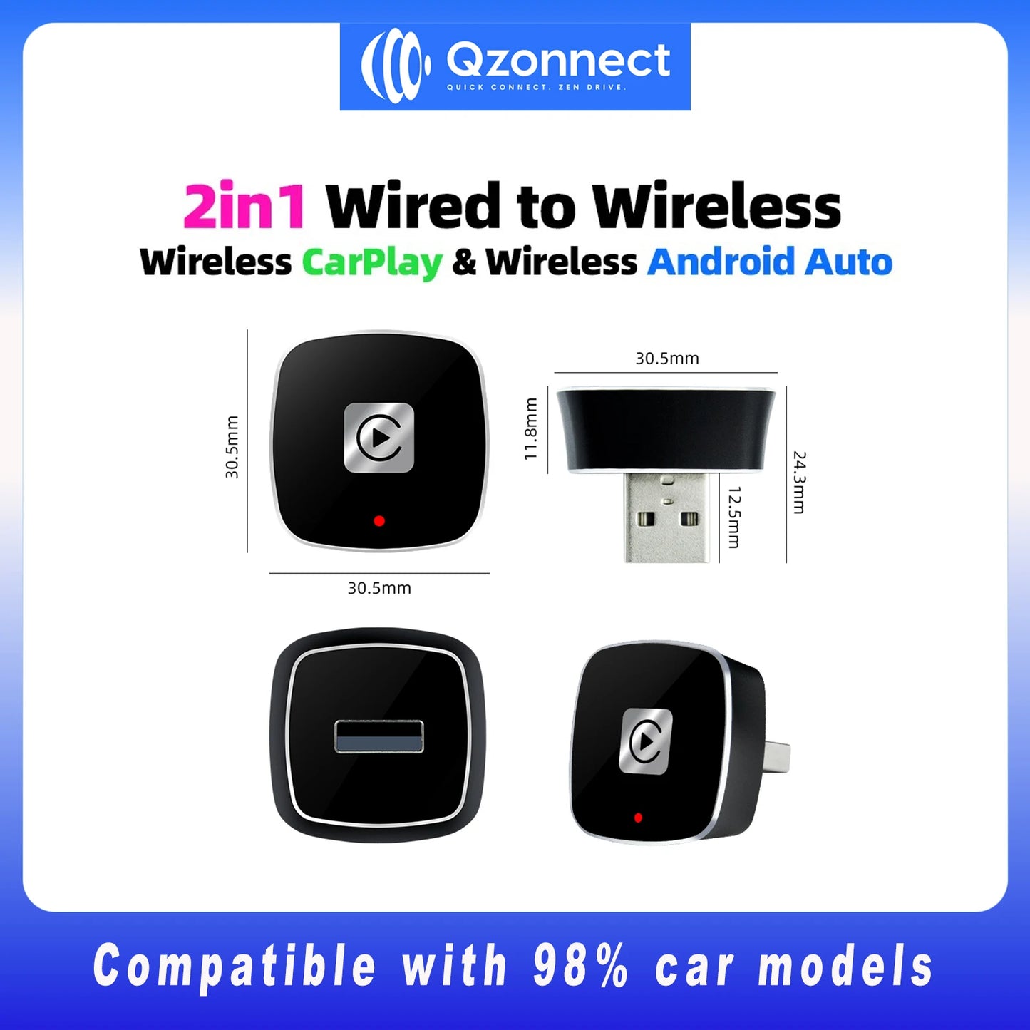Qzonnect 2025 New Wireless CarPlay & Android Auto Adapter | Wireless Dongle – Ultra-Compact | For Factory-Wired CarPlay AA
