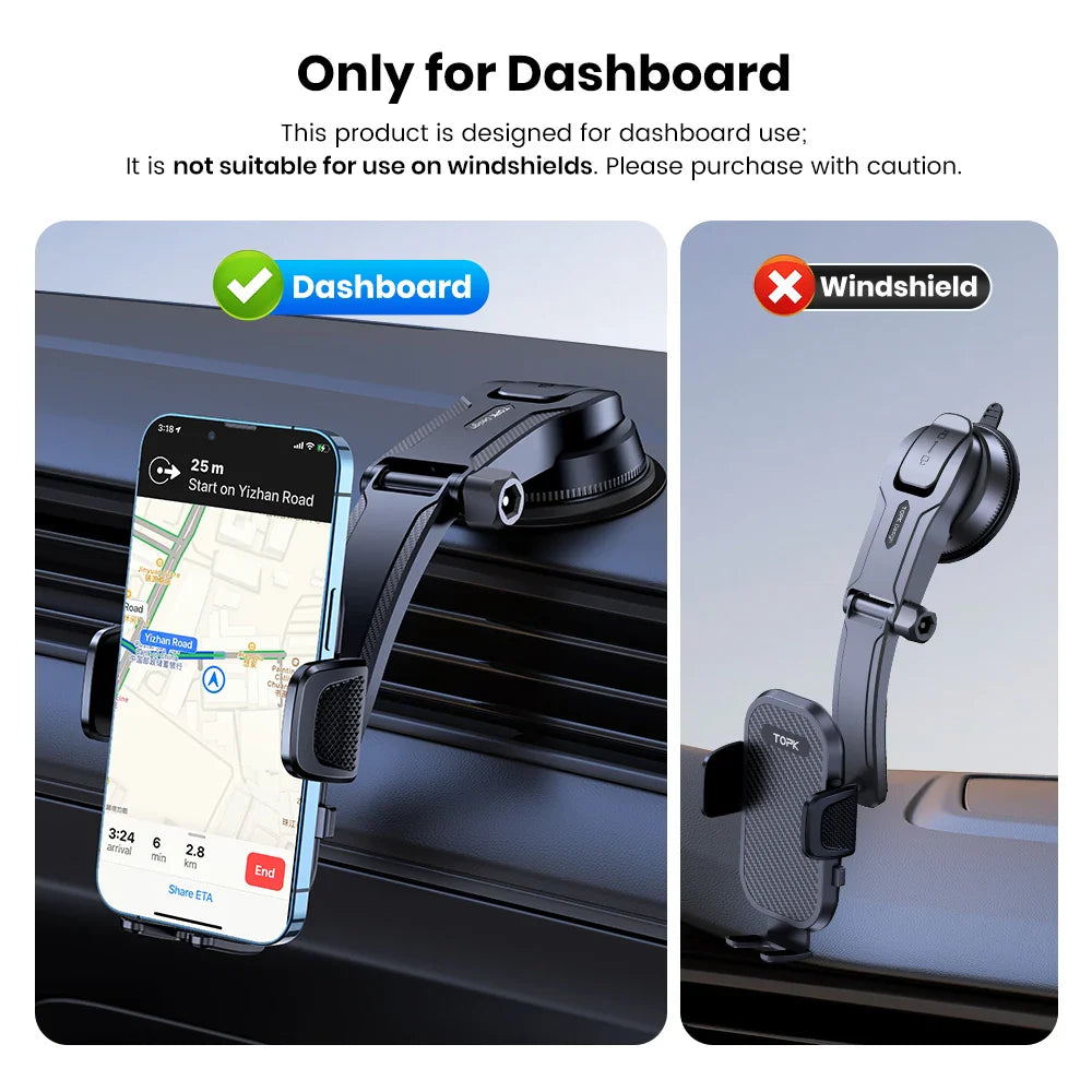 Eliteridegear TOPK gravity dashboard car phone holder stand securely grips smartphones for easy access during drives.
