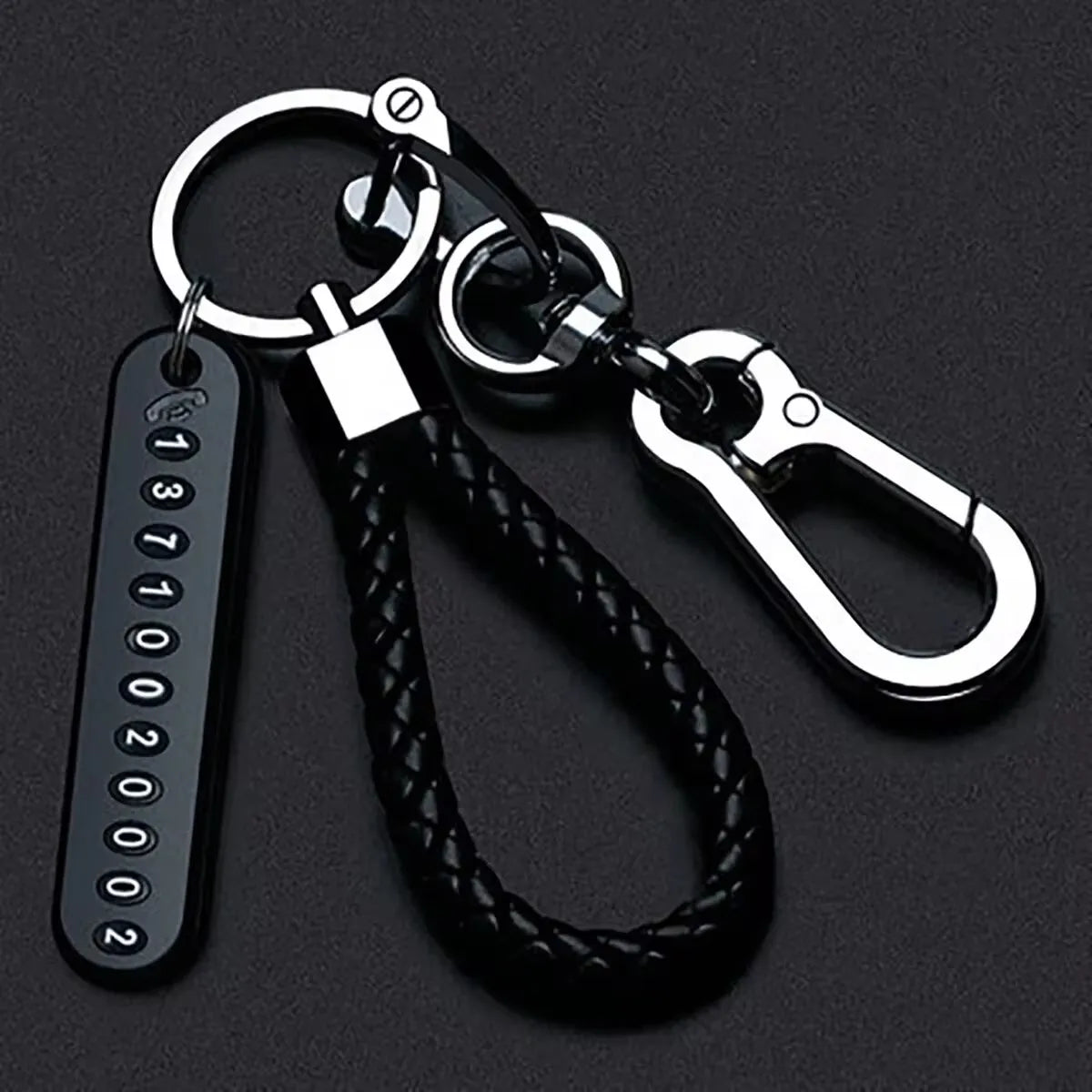 Eliteridegear DIY mobile phone number plate pendant keychain with woven leather rope for men, punk style, anti-lost car key accessory.