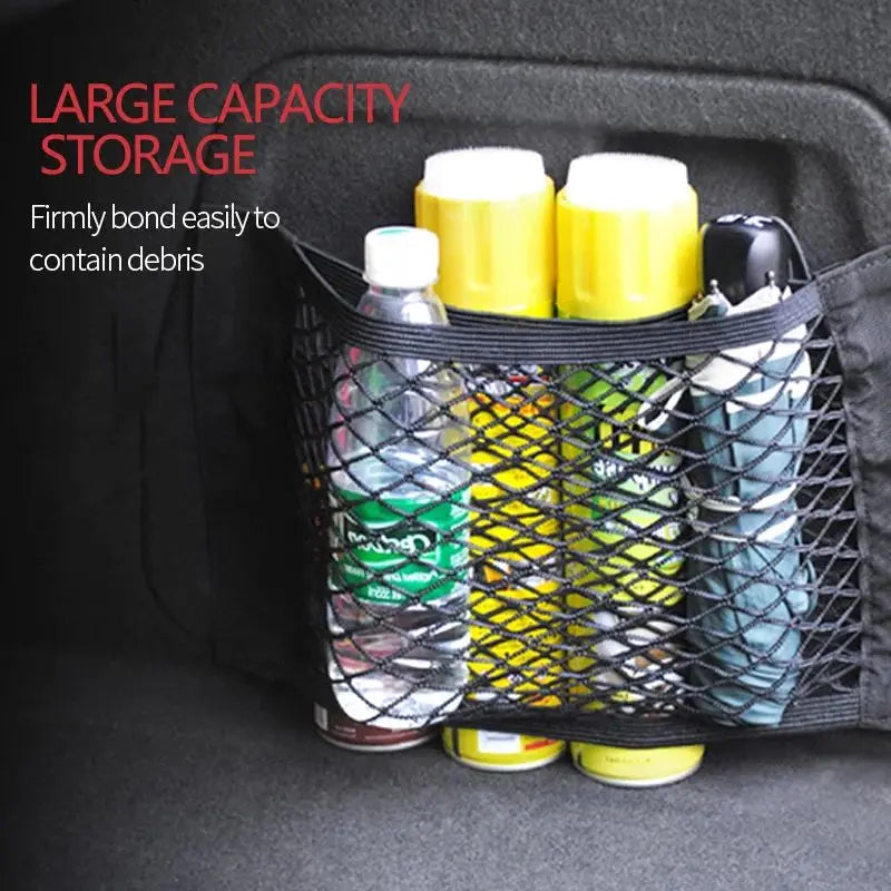 Eliteridegear car trunk mesh organizer with adjustable elastic net and magic tape, designed for seat back storage and vehicle interior.