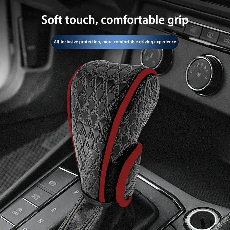 Eliteridegear leather car shift handle cover with non-slip, wear-resistant material for automatic gear shifter decoration.