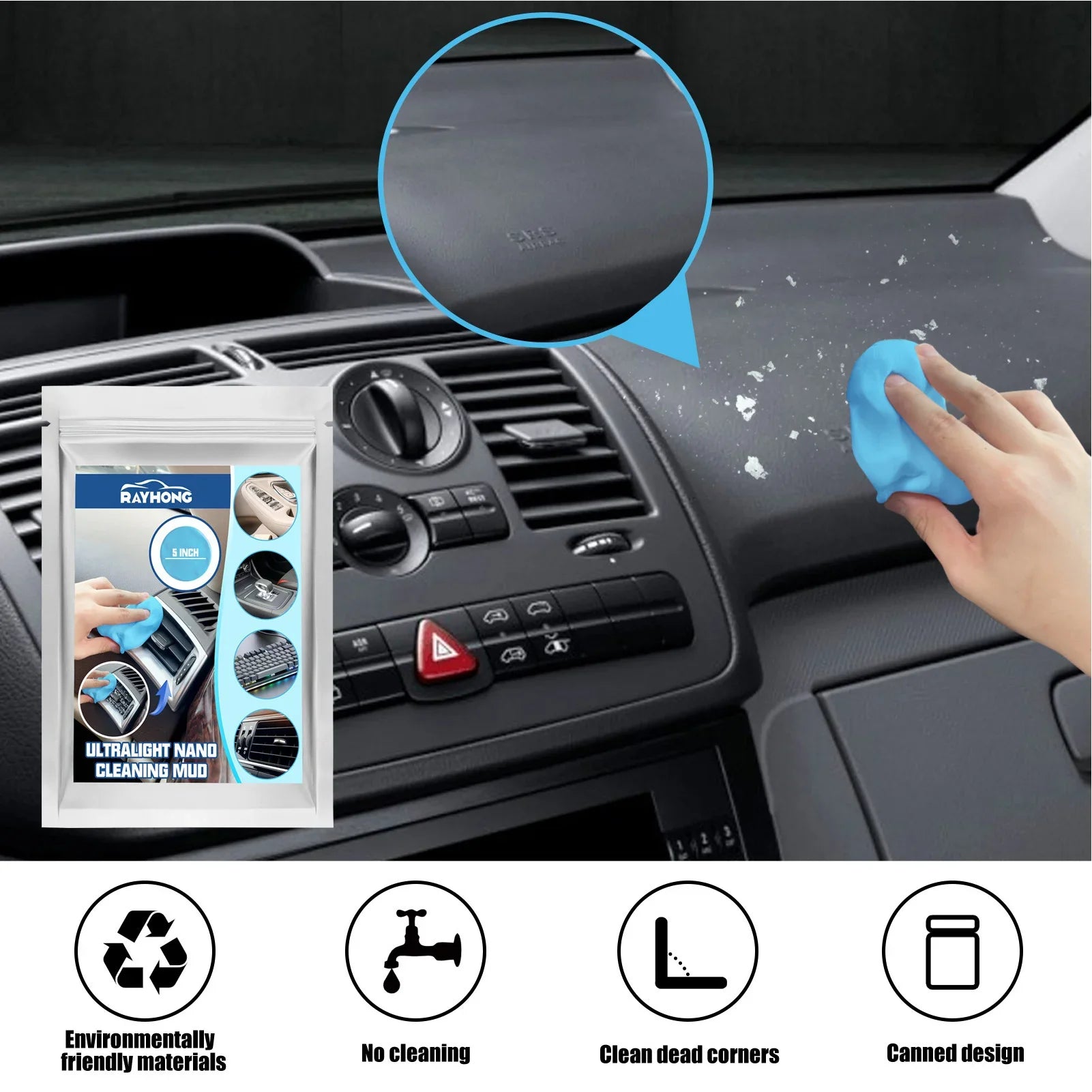 Eliteridegear car dust cleaning mud for interior air vents and dashboard, removing dirt and dust from car interior surfaces.