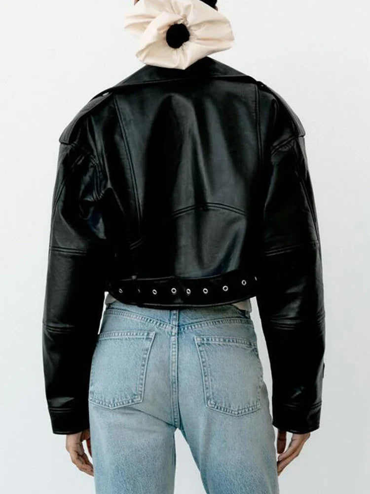 AileGogo women's faux PU leather short jacket with belt, lapel, zipper, and biker style for spring and autumn.