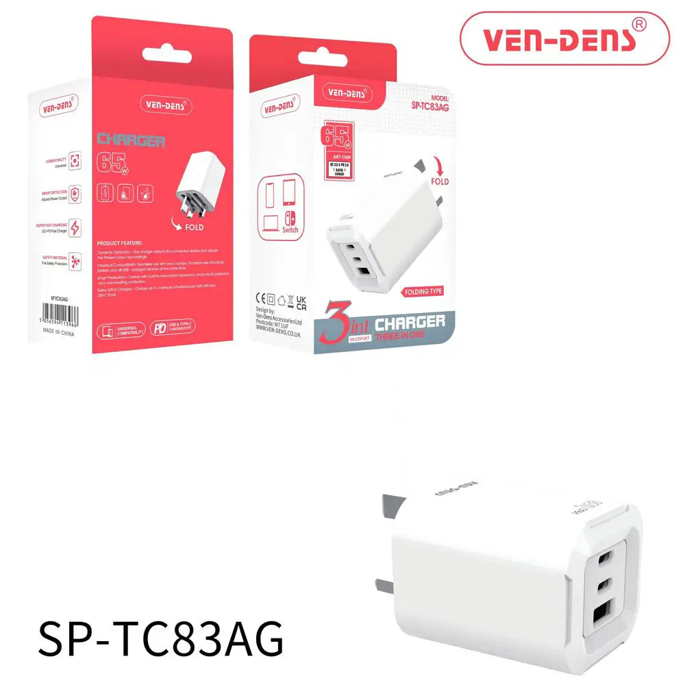 Phone Base 65W 3-in-1 foldable fast charger with dual USB-C and USB-A plugs, compact and portable for versatile device charging.