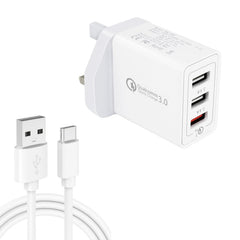 SDC-30W 2 in 1 USB to USB-C / Type-C Data Cable + 30W QC 3.0 USB + 2.4A Dual USB 2.0 Ports Mobile Phone Tablet PC Universal Quick Charger Travel Charger Set, UK Plug, with USB-C / Type-C Cable, UK Plug