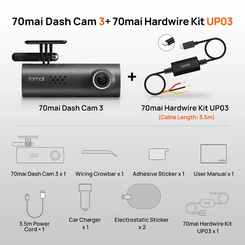 Eliteridegear 70mai Smart Dash Cam 3 M200 with voice control, 1080P resolution, 130° FOV, Wi-Fi, car DVR and parking monitor