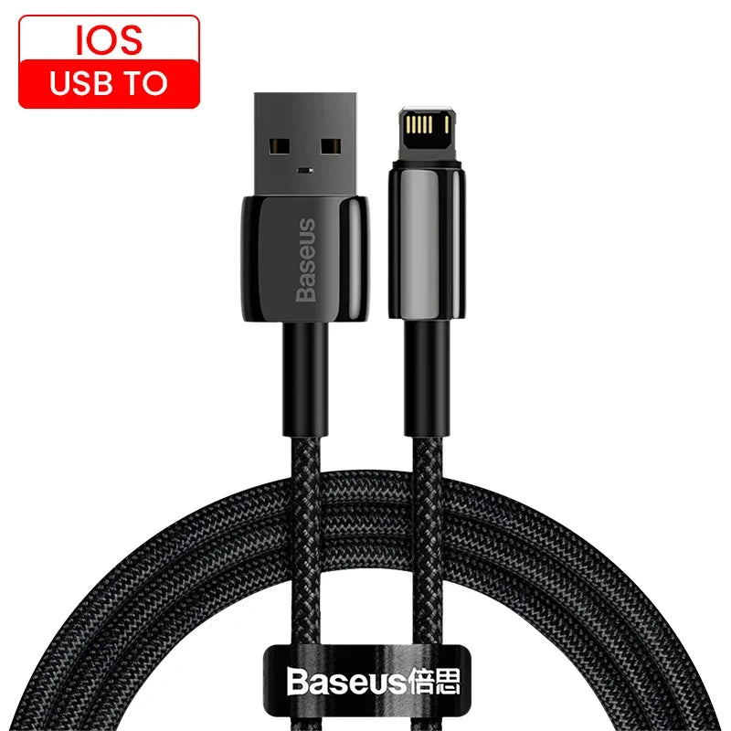 Baseus 20W PD USB-C to Lightning fast charging cable for iPhone and iPad, shown in a sleek black design.