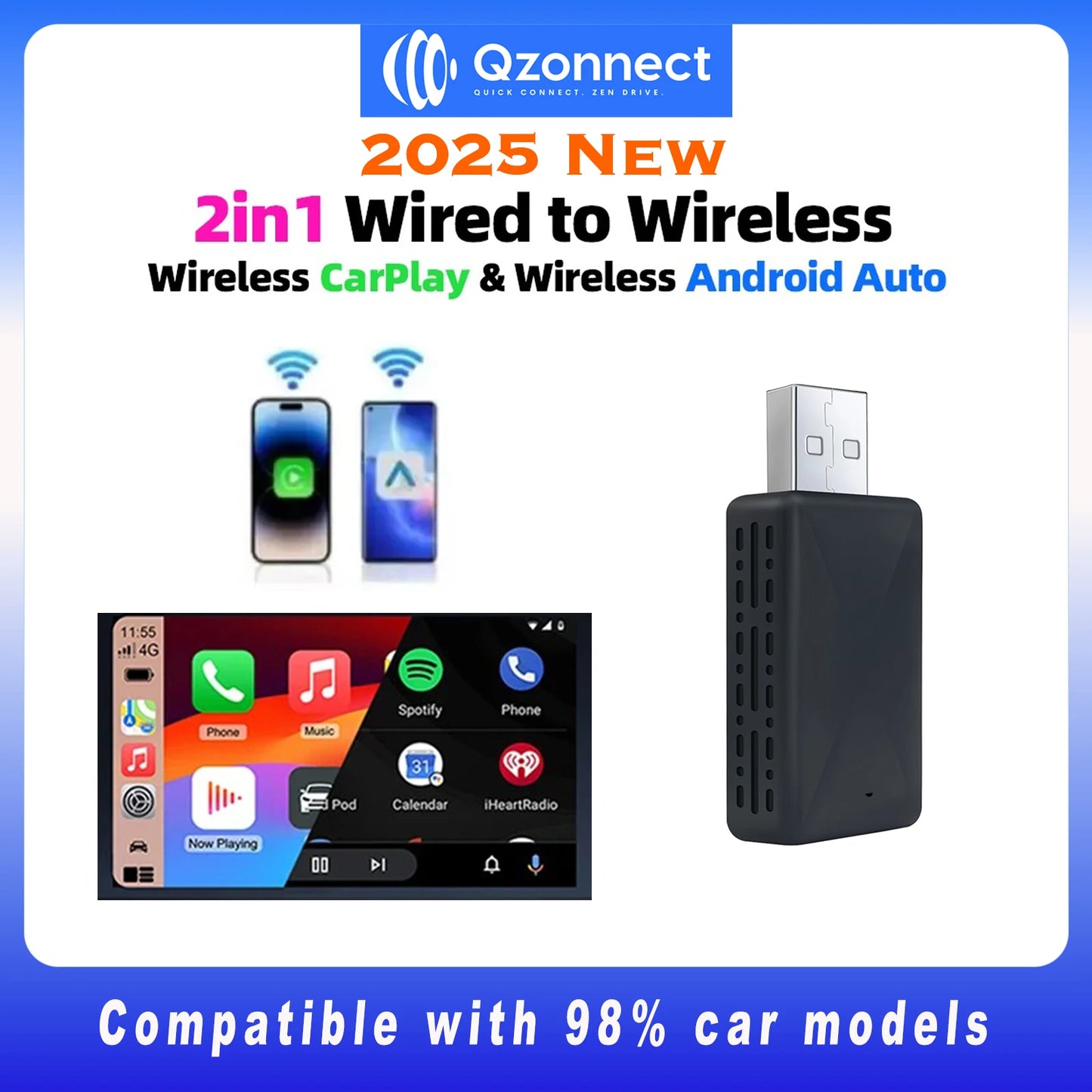 Qzonnect 2025 New Wireless CarPlay & Android Auto Adapter | Wireless Dongle – Ultra-Compact | For Factory-Wired CarPlay AA