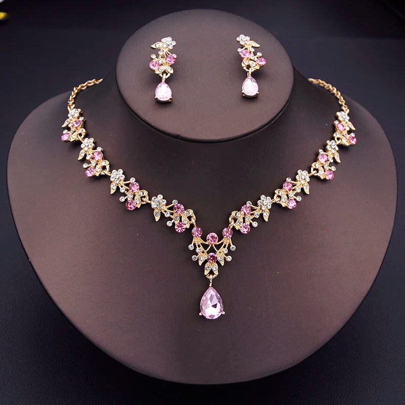 Exquisite Dangle Earrings and Necklace for Women Elegant Jewelry Set Flower Design Shining Rhinestone Necklace set Wedding