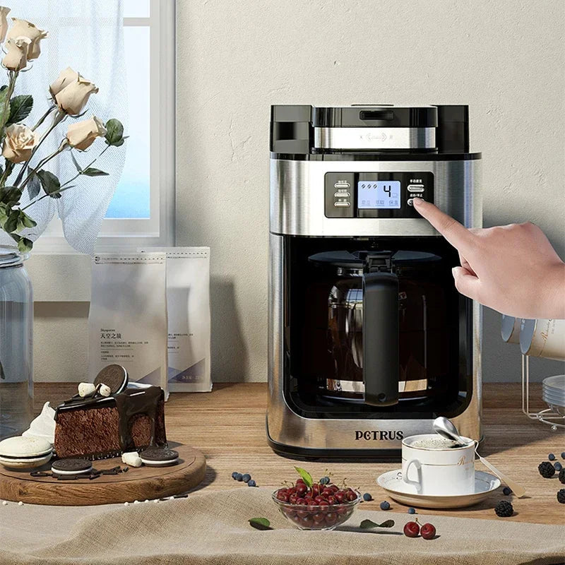 Electric Adistore 2-in-1 coffee maker with grinder, 1050W power, LED display, and sleek design for fresh coffee brewing.