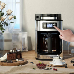 Electric Adistore 2-in-1 coffee maker with grinder, 1050W power, LED display, and sleek design for fresh coffee brewing.