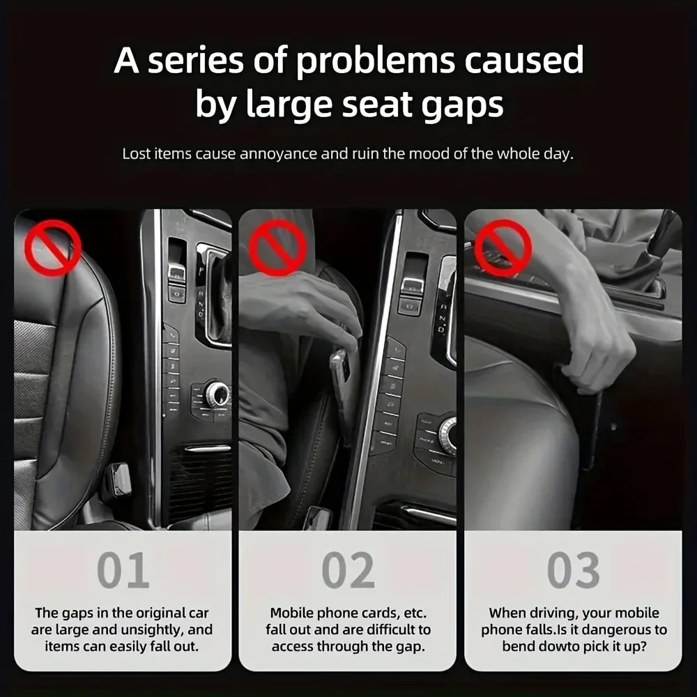 Eliteridegear 2-piece waterproof car seat gap filler organizer with grooves, designed to prevent items from falling between seats.