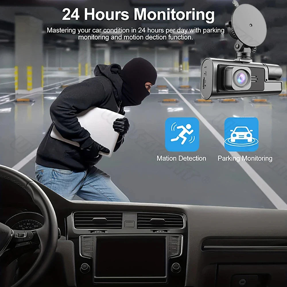 Eliteridegear 3 lens car recorder with night vision, 1080P resolution, WiFi, front and rear view cameras, and included memory card.
