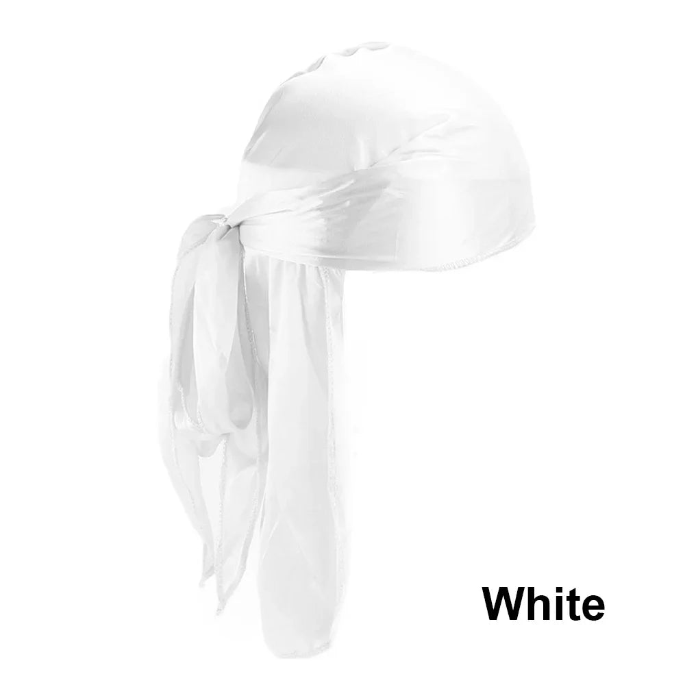 Unisex satin long tail doo rag durag bandana cap, pirate hat, or headwrap featuring Eliteridegear branding, suitable for men and women.