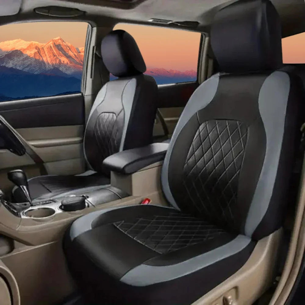 Black universal car seat covers by Eliteridegear featuring sports-style PVC design on a vehicle seat.