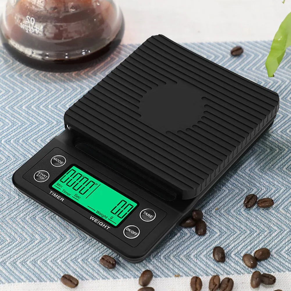 Black Adistore precision coffee dropping scale with digital LCD, 0.1g accuracy, built-in timer for accurate brewing.