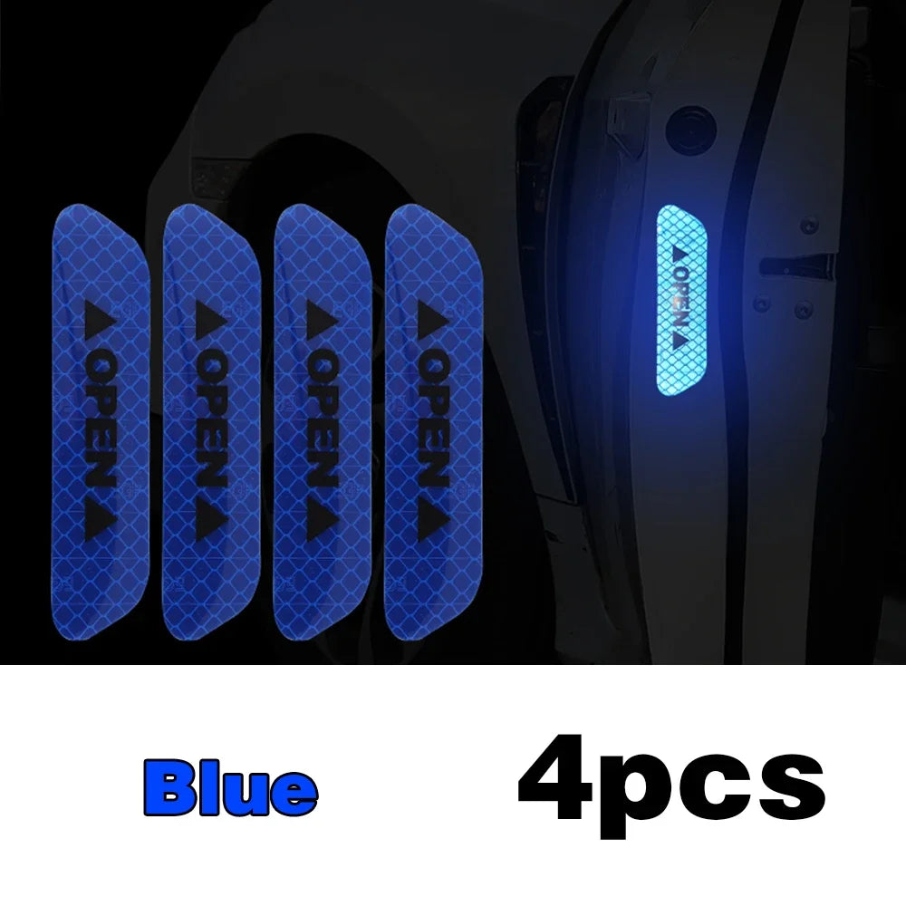 Eliteridegear 4-piece reflective car door stickers with warning tape for safety and visibility on exterior and interior of vehicles.