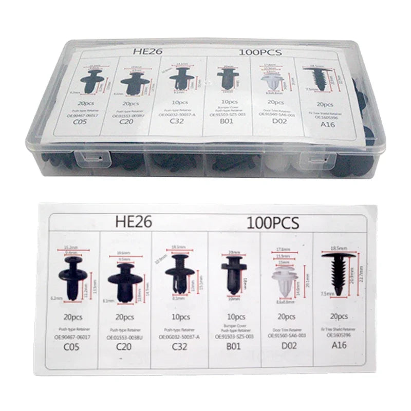 Eliteridegear 100pcs auto fastener clip kit with fender rivet clips, push retainers, bumper, door trim, and panel clips for cars.